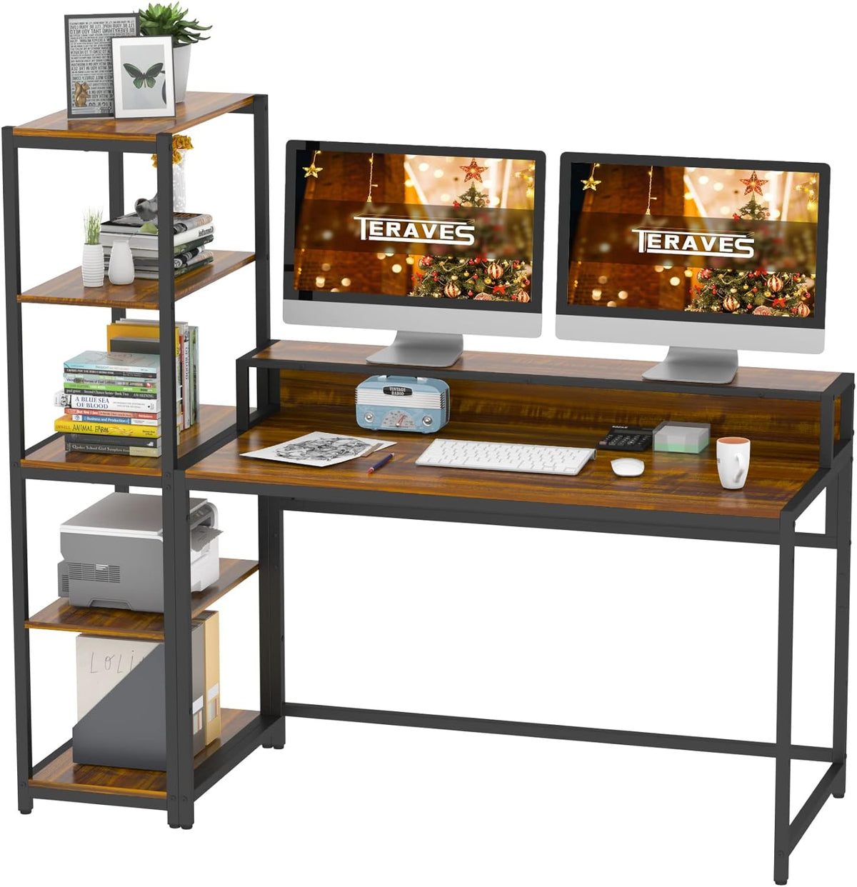 White Marbling Gold Frame 47 Inch Computer Desk with 5 Tier Shelves B7534