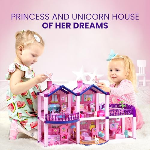 Pink and Purple Dollhouse with 4 Princesses, 4 Unicorns, Dog, Furniture and Accessories R492430