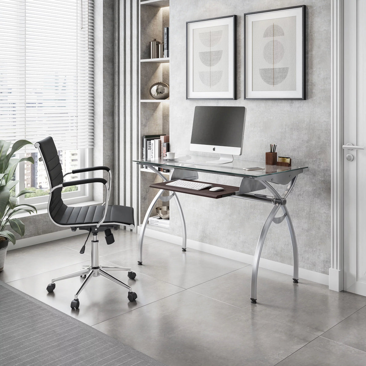 Glass Top Computer Desk with Keyboard Tray & Silver Legs O2607