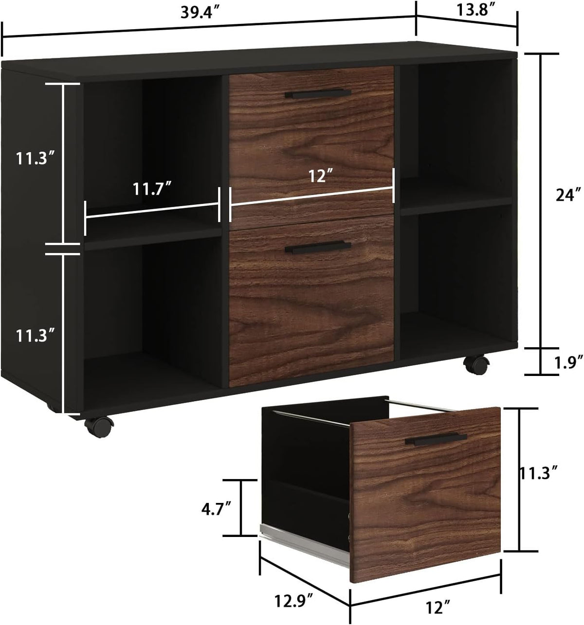 Black 2 Drawer Mobile Filing Cabinet with Storage R2577