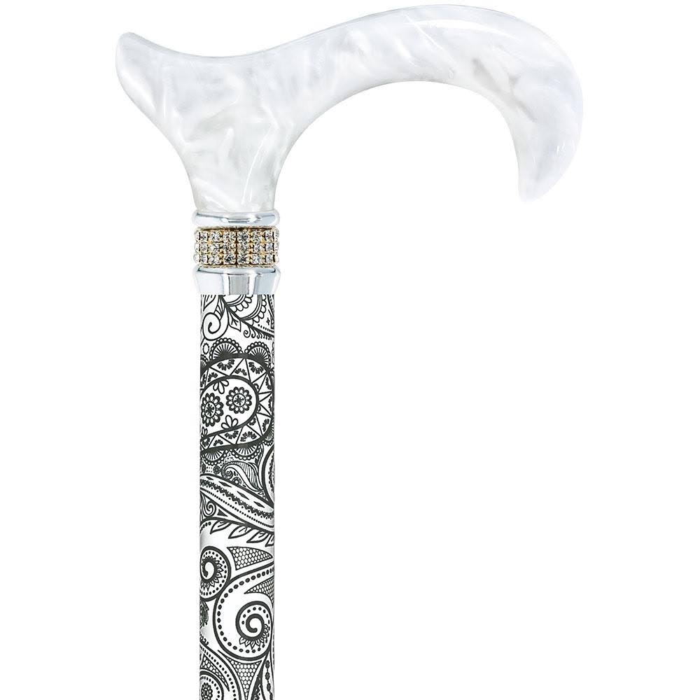 White Pearlz Rhinestone Collar Black Swirl Adjustable Folding Cane J99443