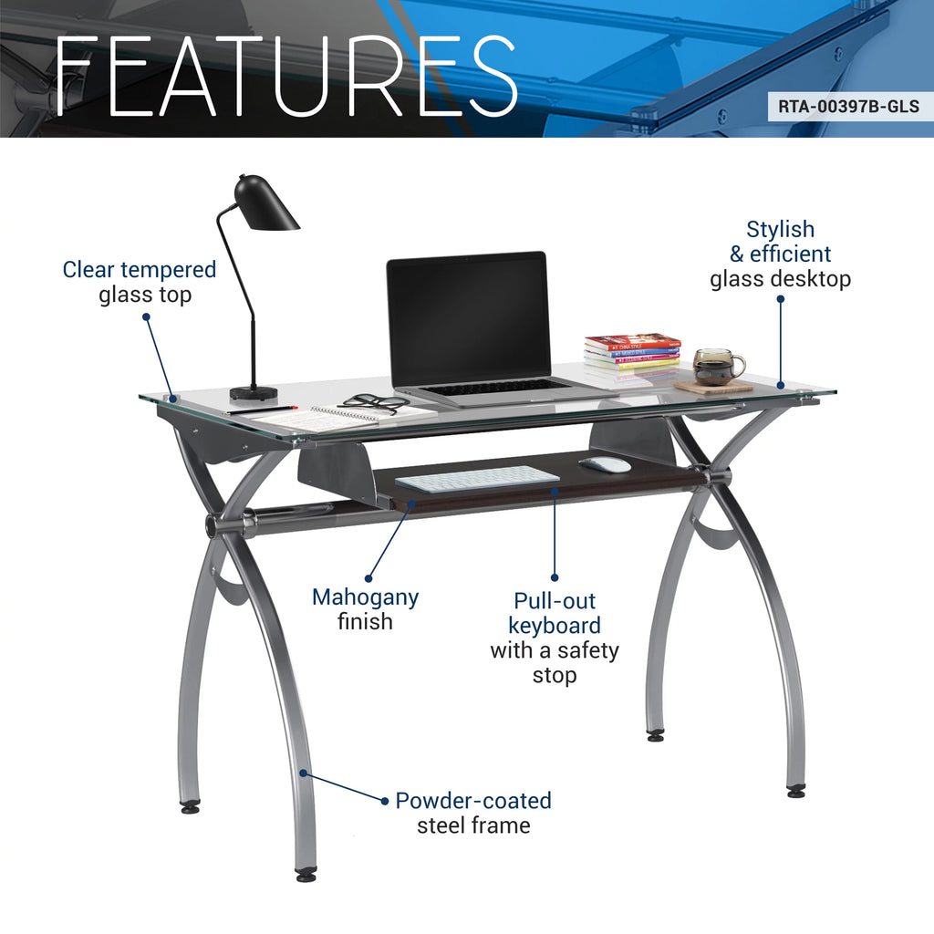 Glass Top Computer Desk with Keyboard Tray & Silver Legs O2607