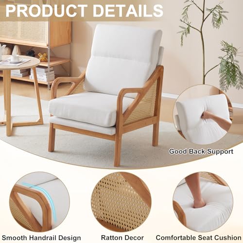 White Woven Rattan Accent Chair with Oak Wood Frame U630
