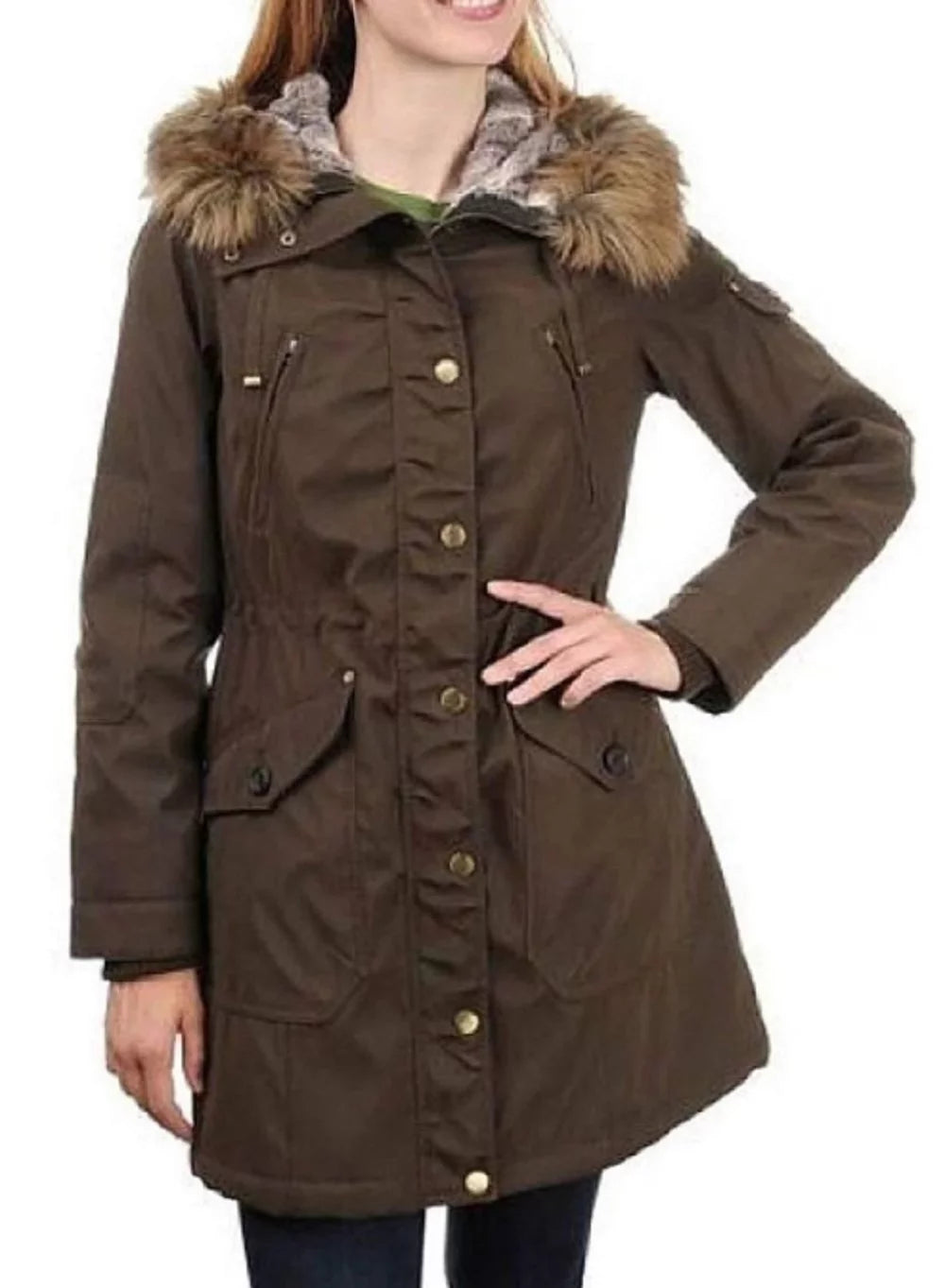 Women's Faux Fur Hooded Parka Jacket - Dark Olive (large) E43868