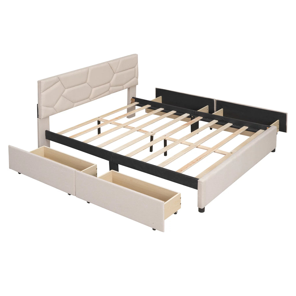 Beige Queen Linen Fabric Upholstered Storage Bed Frame with 4 Drawers C38533
