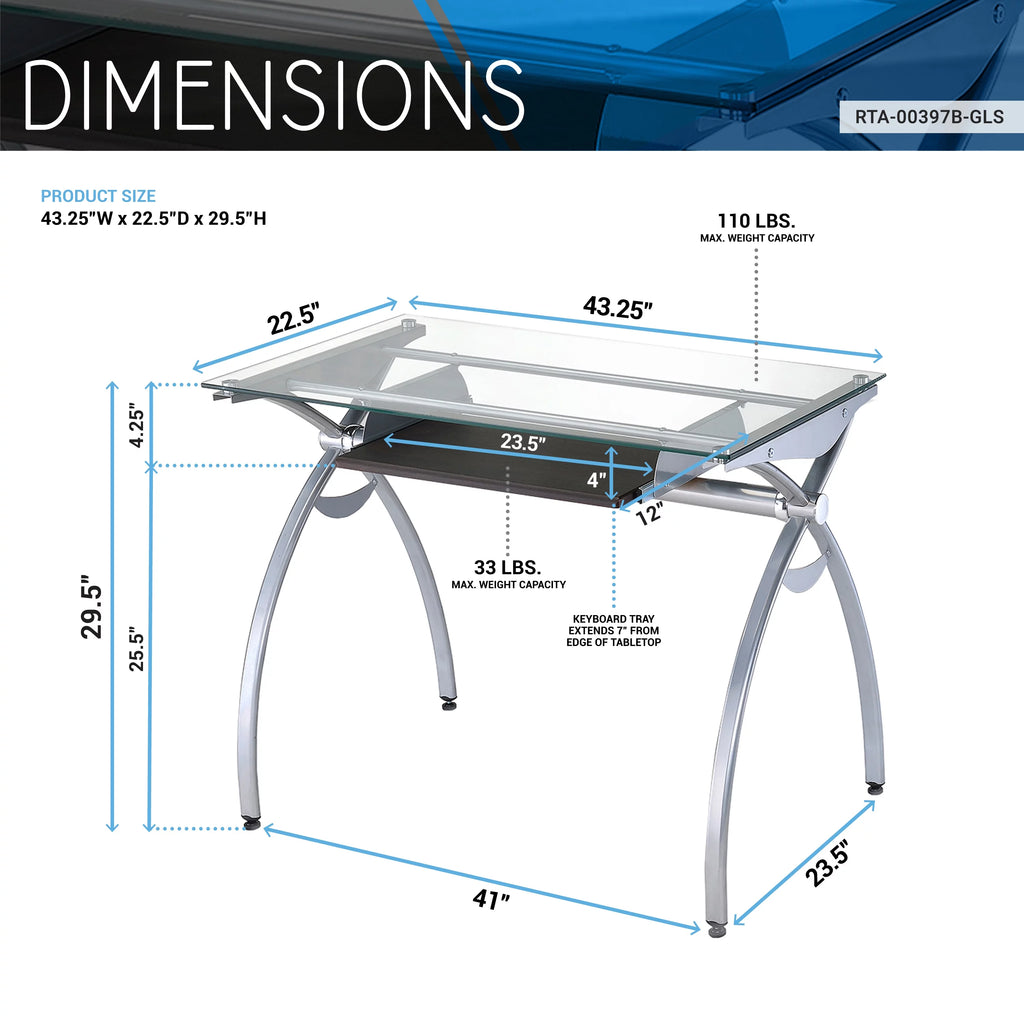 Glass Top Computer Desk with Keyboard Tray & Silver Legs O2607