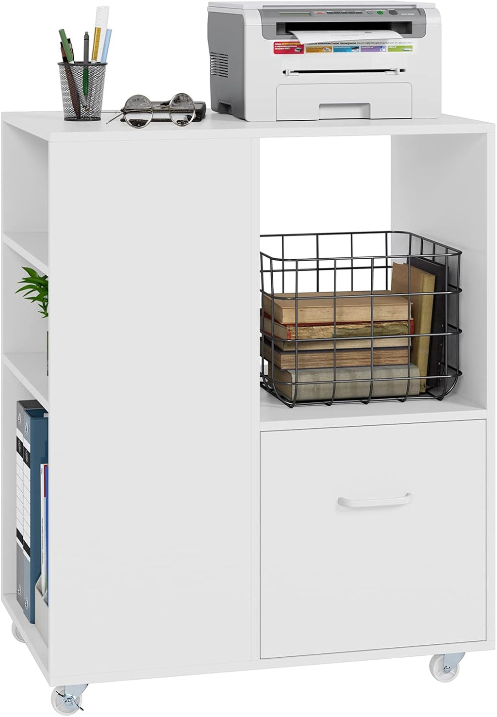 White Wood Mobile File Cabinet with Drawer and Rolling Wheels H859005