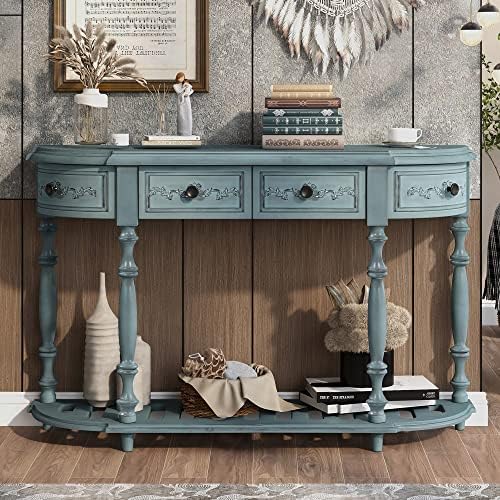 Antique White Curved Console Table with 4 Drawers Solid Wood Frame W529