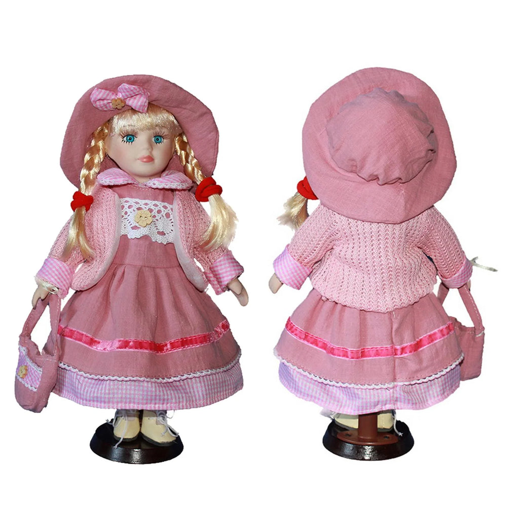 Pink Porcelain Doll Girl Figures with Hat Set T2683