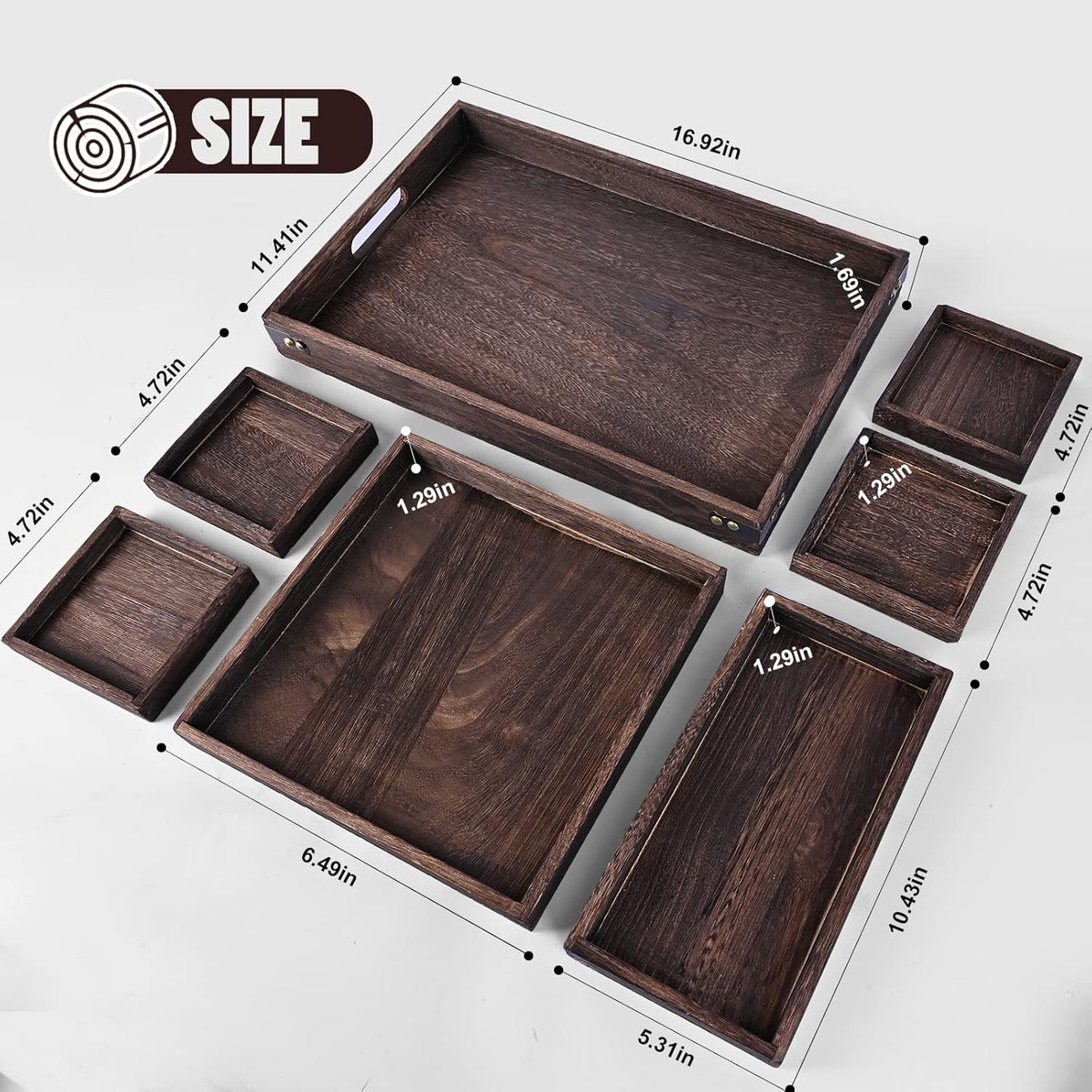 Set of 7 Rectangular Wooden Nesting Serving Trays with Handles G79651