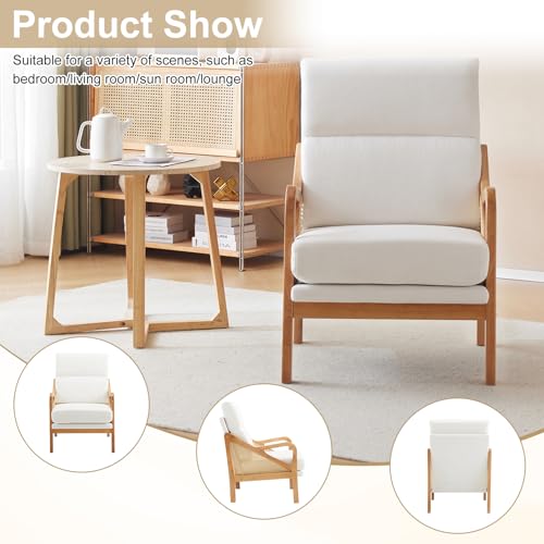 White Woven Rattan Accent Chair with Oak Wood Frame U630