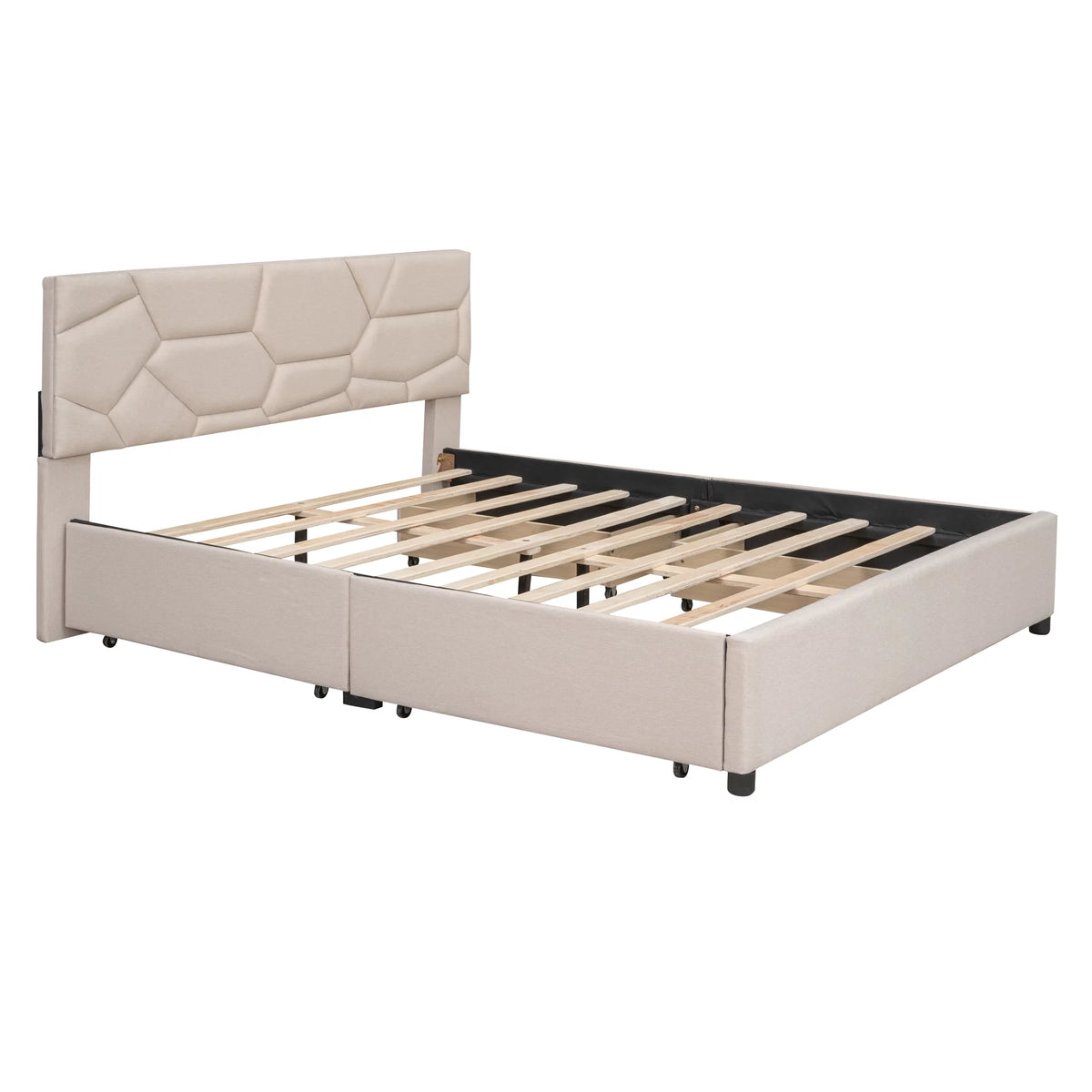 Beige Queen Linen Fabric Upholstered Storage Bed Frame with 4 Drawers C38533