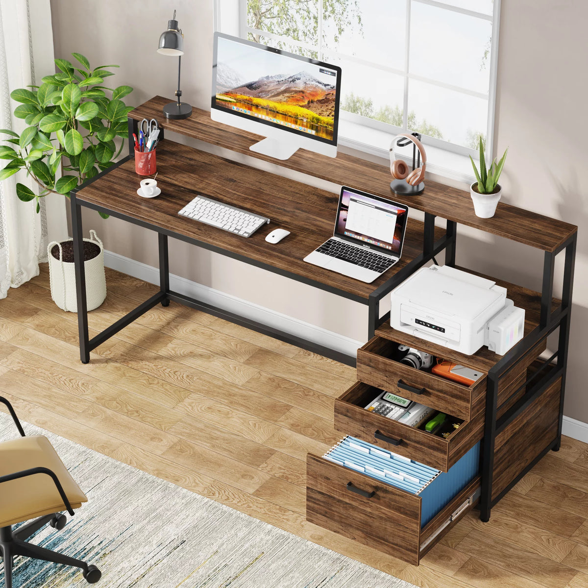 63 Inch Computer Desk with Monitor Stand and Drawers File Cabinet E519
