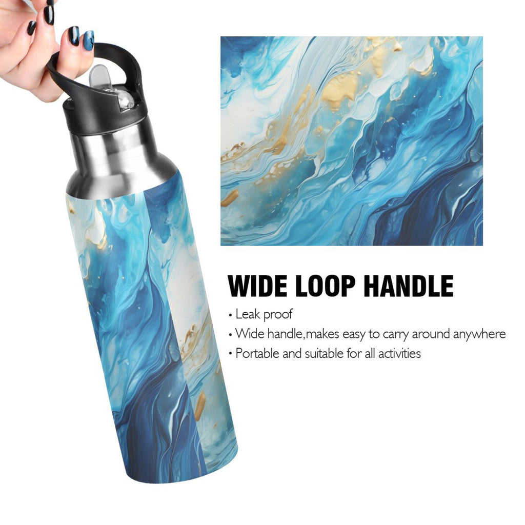 Blue White and Gold Marble Stainless Steel Insulated Water Bottle with Straw Lid M989