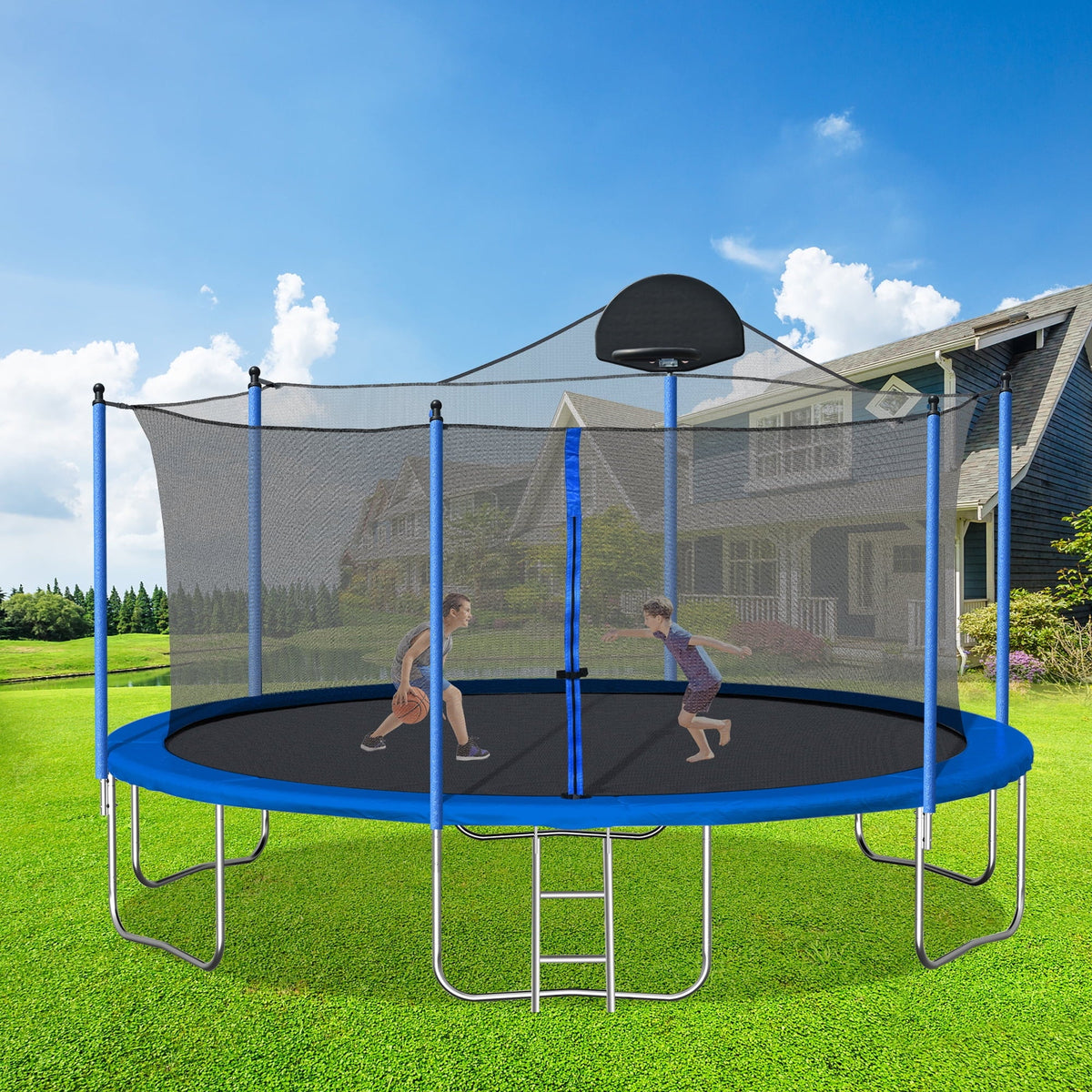 14ft Trampoline with Basketball Hoop and Safety Enclosure Net Y3175