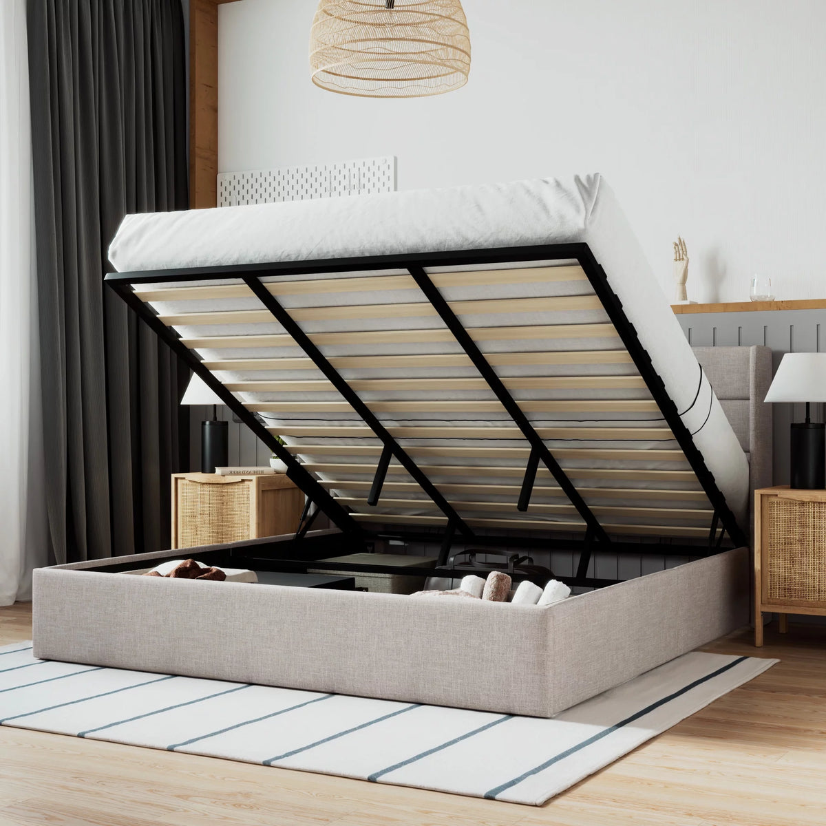 Grey King Size Lift Up Platform Bed Frame with Storage N3569
