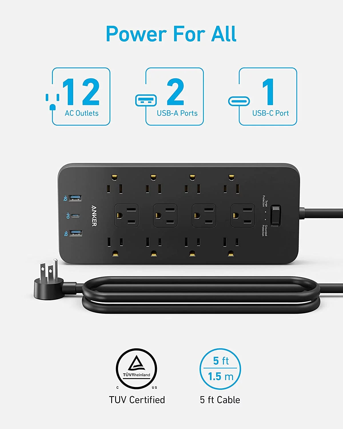 Power Strip Surge Protector 12 Outlets 2 USB A 1 USB C 5ft Extension Cord H80890
