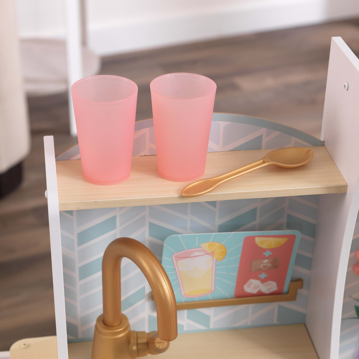 White Wooden Play Kitchen with 20-Piece Pretend Food Accessories R695