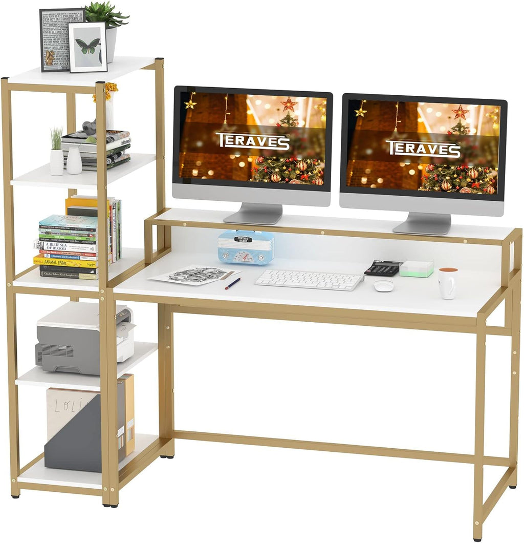 White Marbling Gold Frame 47 Inch Computer Desk with 5 Tier Shelves B7534