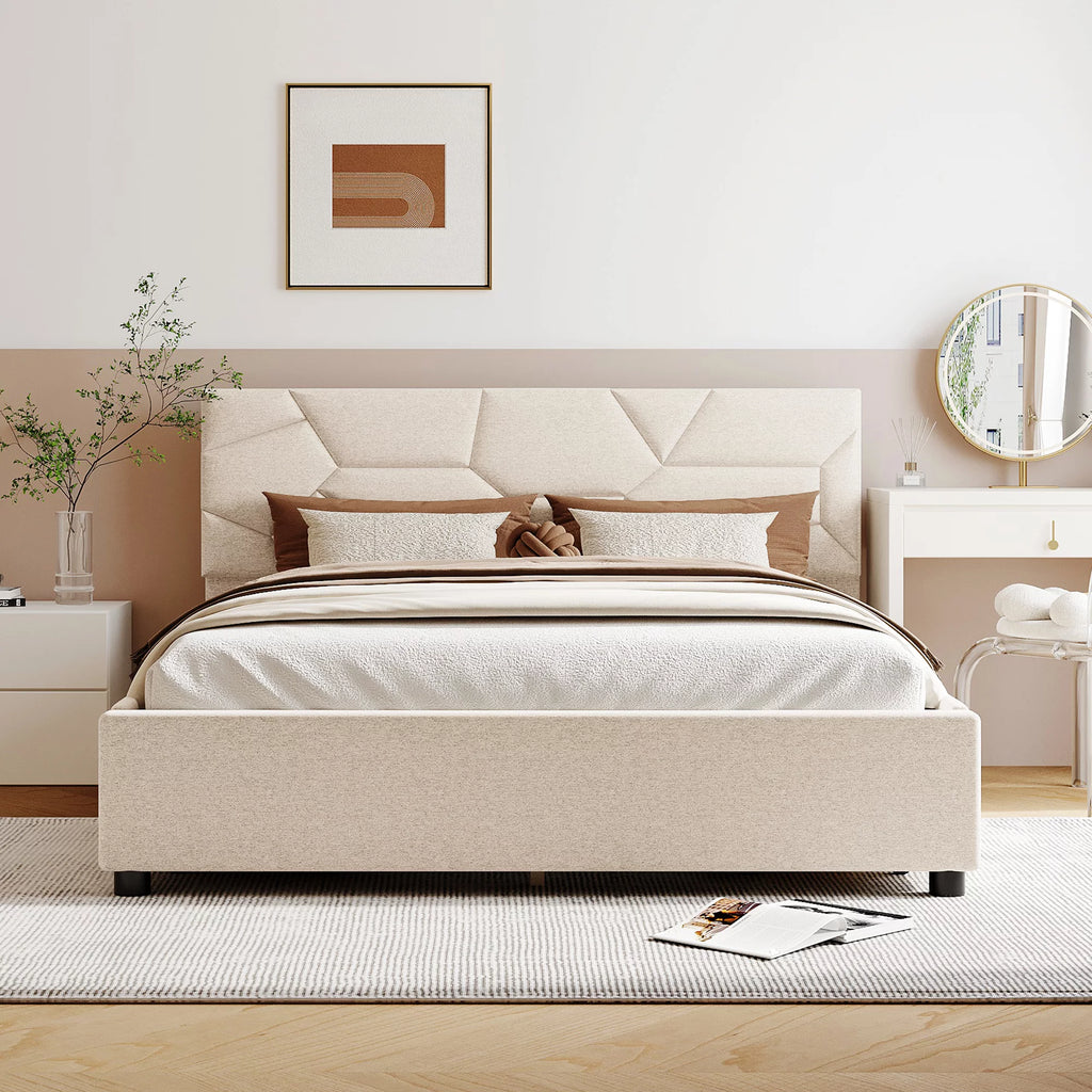 Beige Queen Linen Fabric Upholstered Storage Bed Frame with 4 Drawers C38533