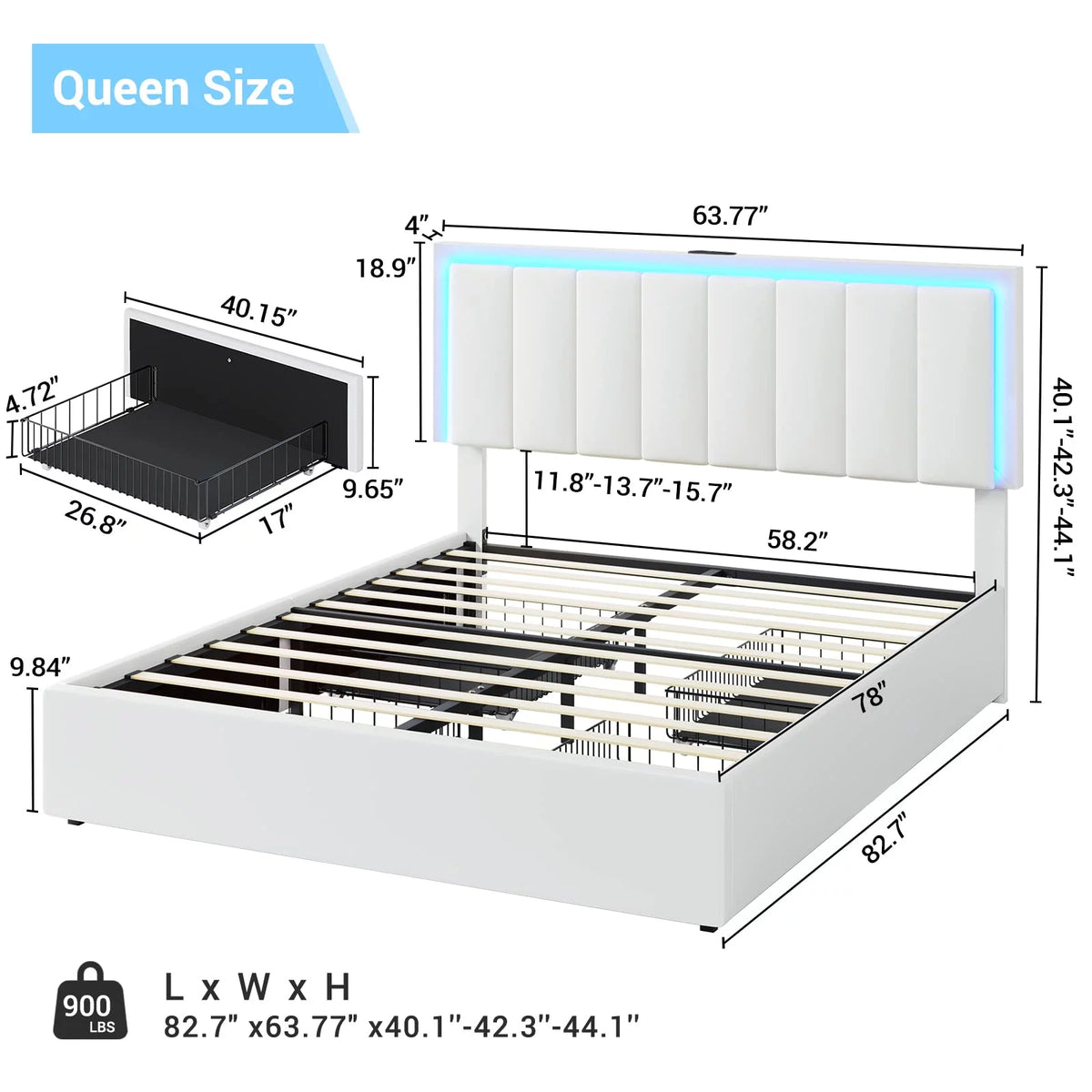 Queen LED Bed Frame with 4 Storage Drawers and USB Ports White O474