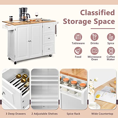 Kitchen Island with Stainless Steel Top, Rolling Kitchen Trolley Cart with Storage Cabinet, 3 Drawers, Towel & Spice Rack N549169