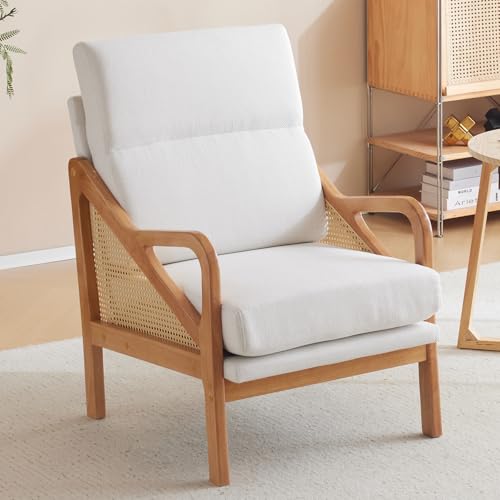 White Woven Rattan Accent Chair with Oak Wood Frame U630