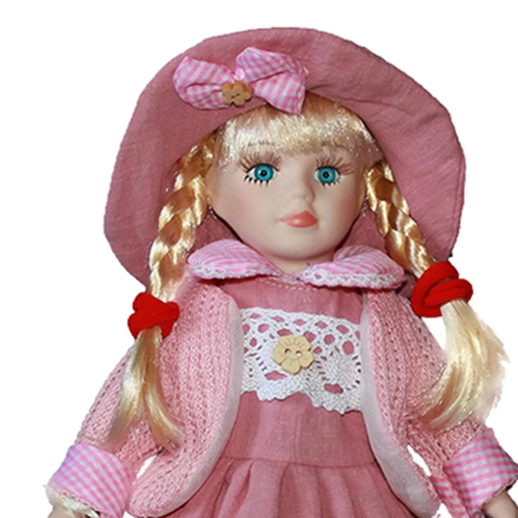 Pink Porcelain Doll Girl Figures with Hat Set T2683