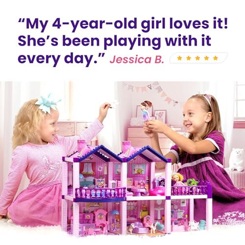 Pink and Purple Dollhouse with 4 Princesses, 4 Unicorns, Dog, Furniture and Accessories R492430