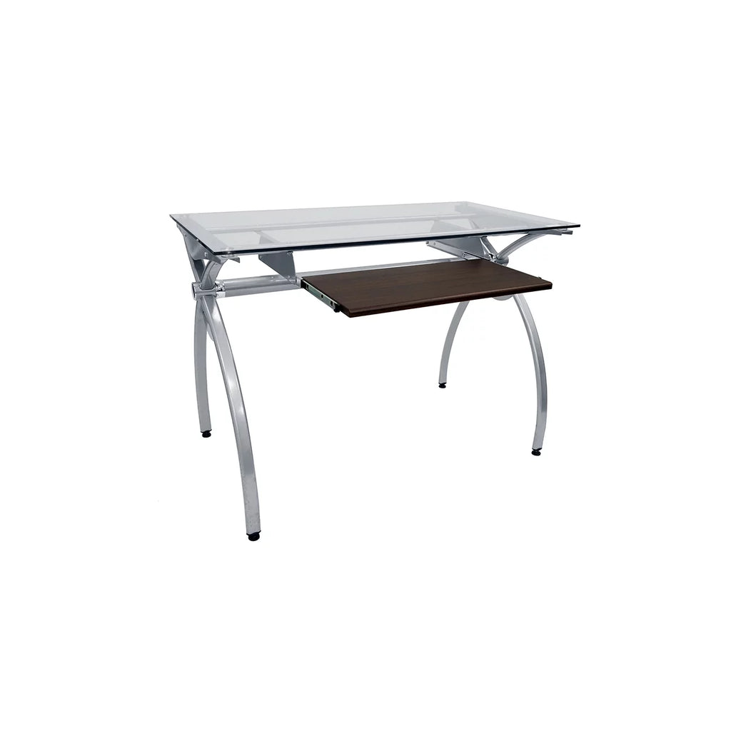 Glass Top Computer Desk with Keyboard Tray & Silver Legs O2607