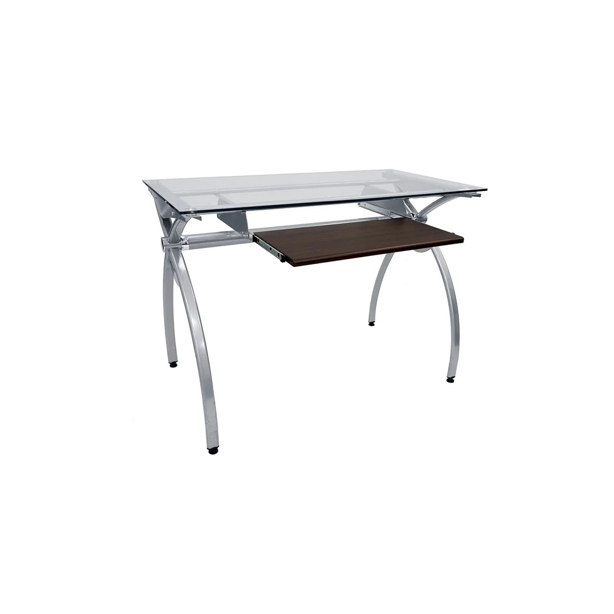Glass Top Computer Desk with Keyboard Tray & Silver Legs O2607