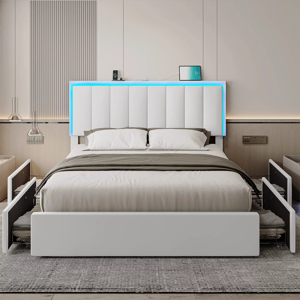 Queen LED Bed Frame with 4 Storage Drawers and USB Ports White O474