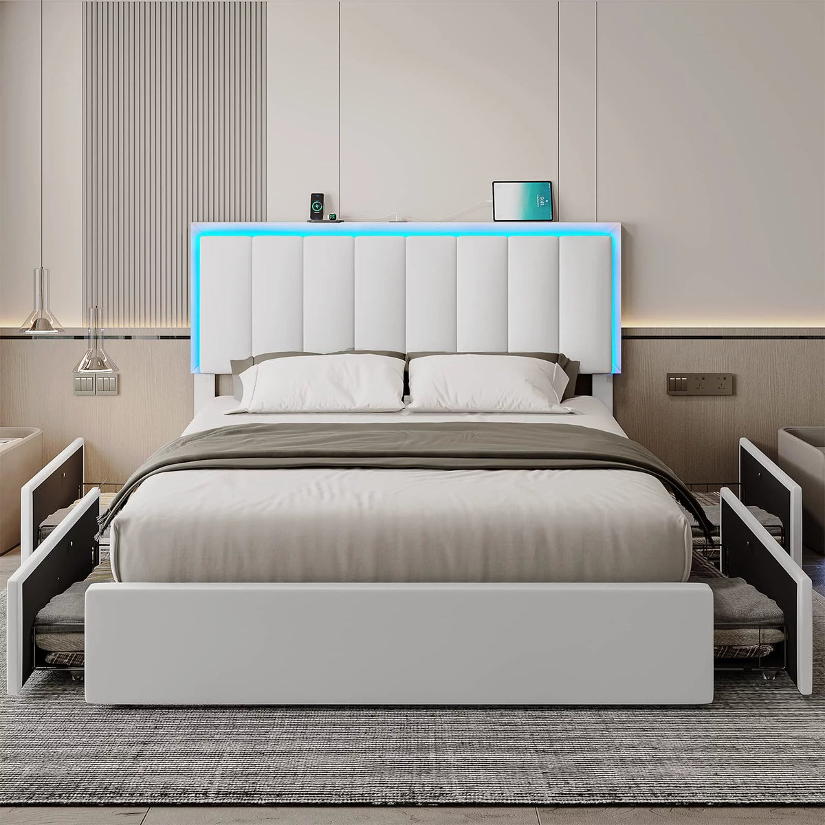 Queen LED Bed Frame with 4 Storage Drawers and USB Ports White O474