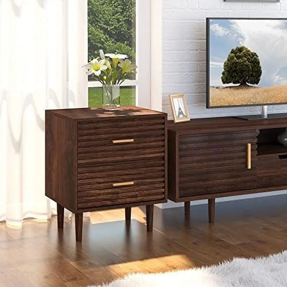 Mid-Century Modern Nightstands with 2 Storage Drawers and Solid Wood Legs K851989