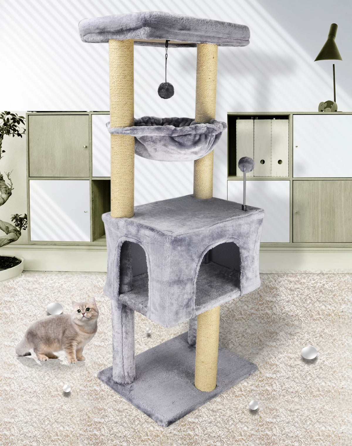 43.3" Grey Cat Tree with Condo Hammock Scratching Posts A393501