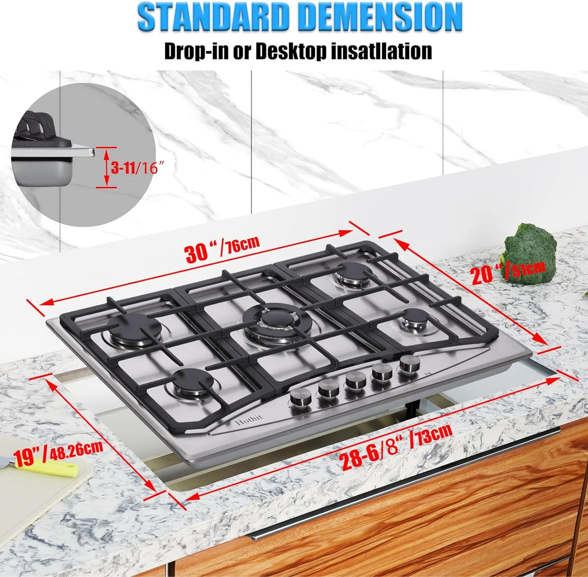 30" 5 Burner Built-in Stainless Steel Gas Cooktop R519772