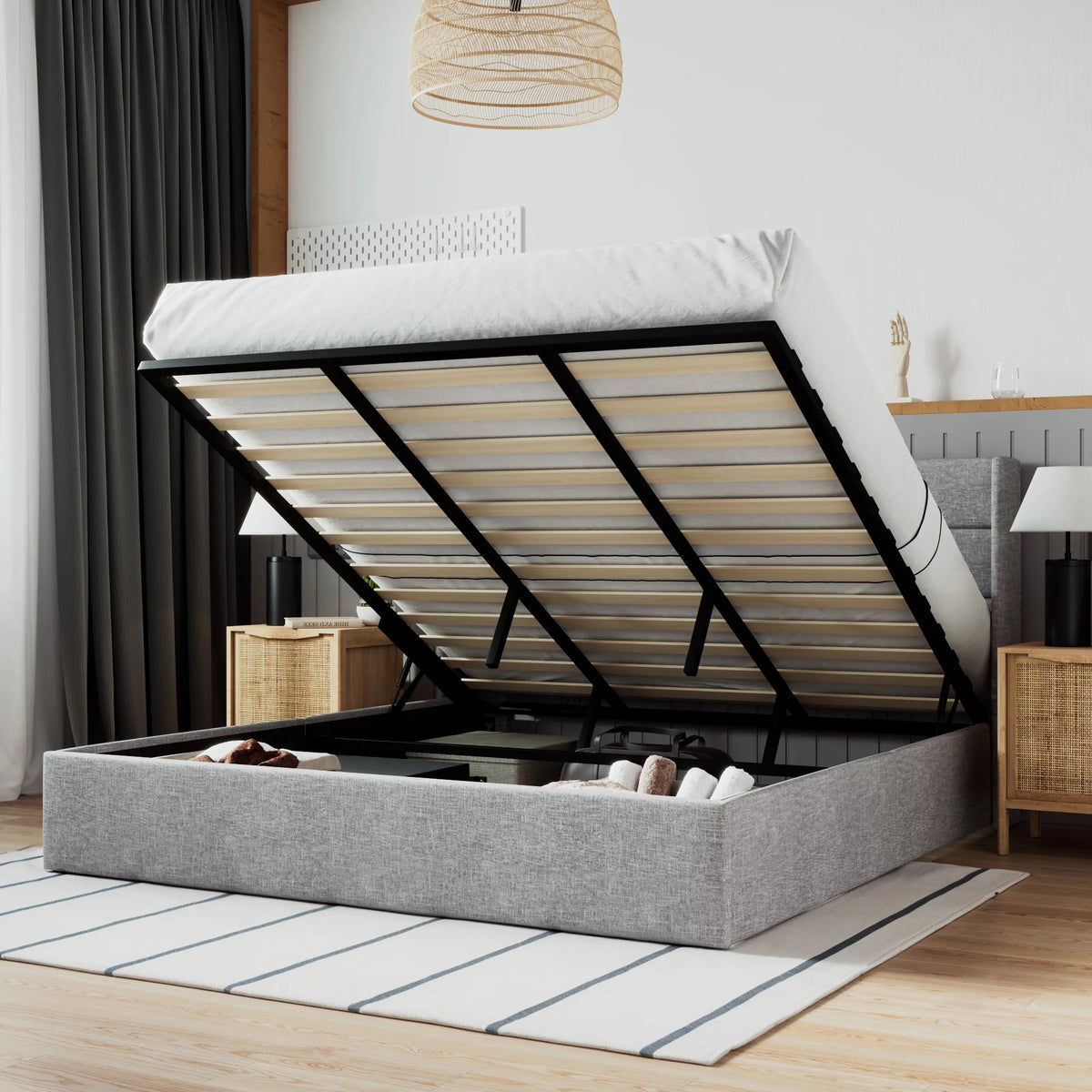 Grey King Size Lift Up Platform Bed Frame with Storage N3569