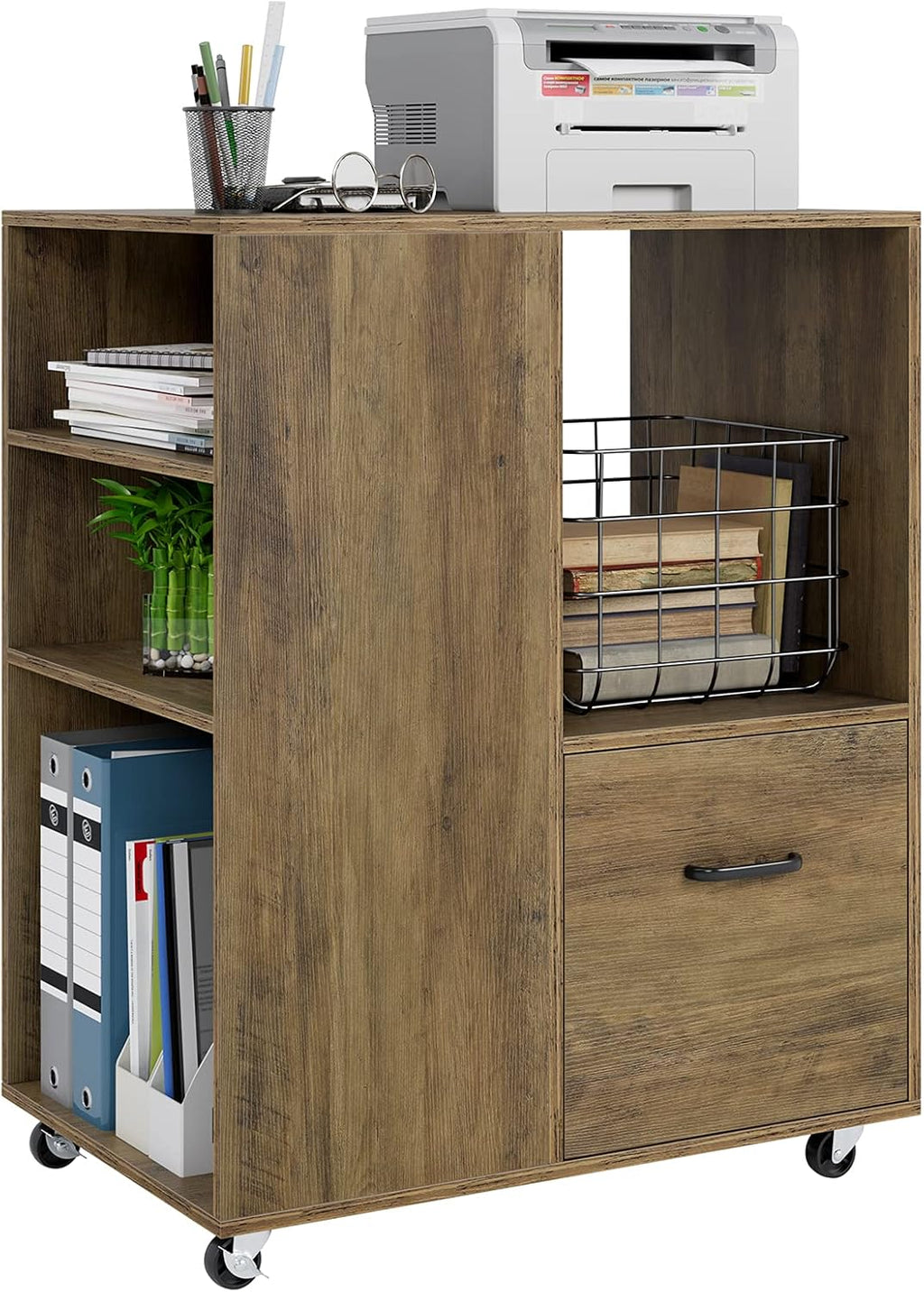 White Wood Mobile File Cabinet with Drawer and Rolling Wheels H859005