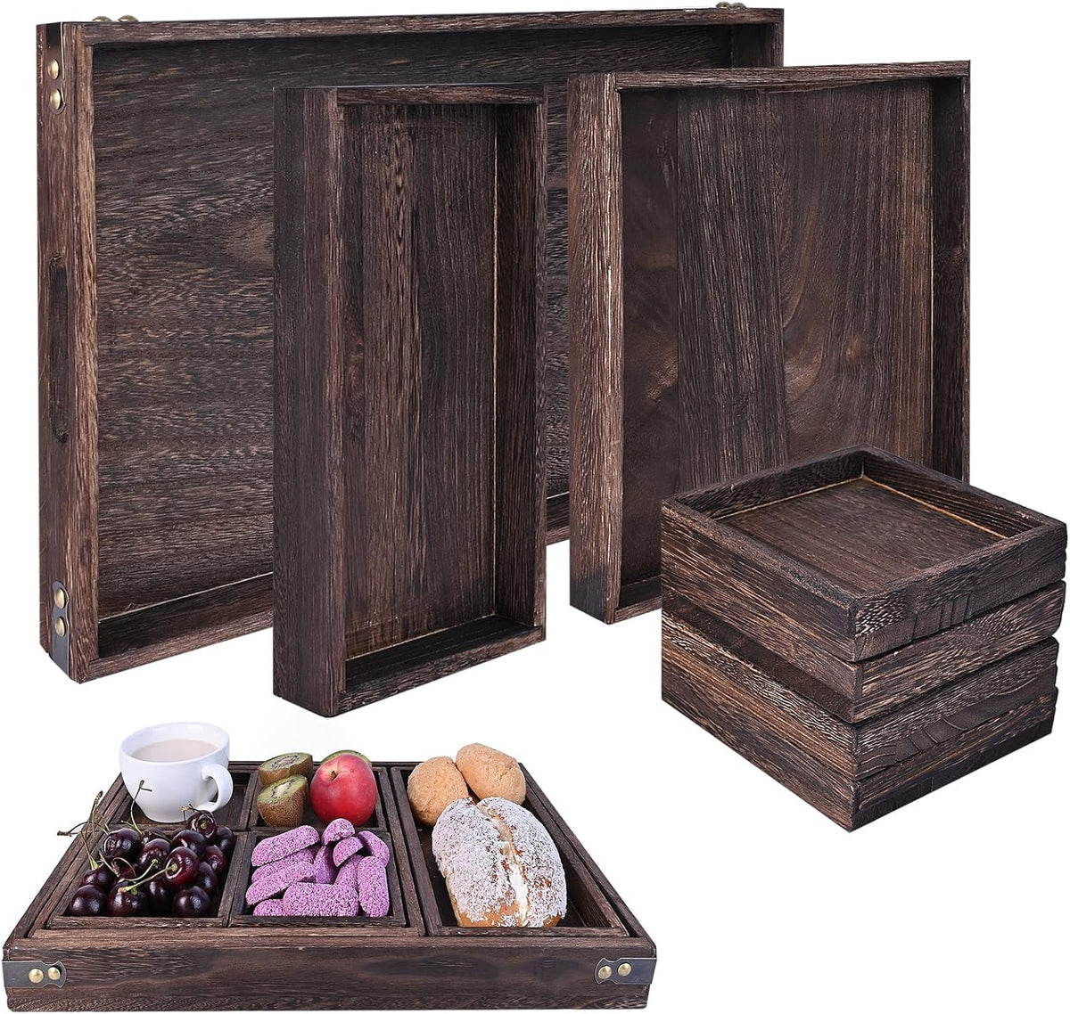 Set of 7 Rectangular Wooden Nesting Serving Trays with Handles G79651