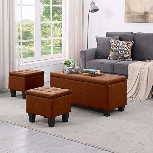 Dark Blue Linen Storage Ottoman Bench N90182