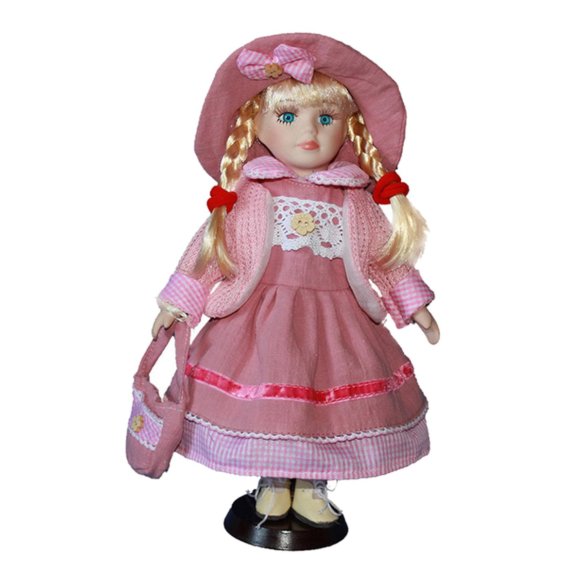 Pink Porcelain Doll Girl Figures with Hat Set T2683