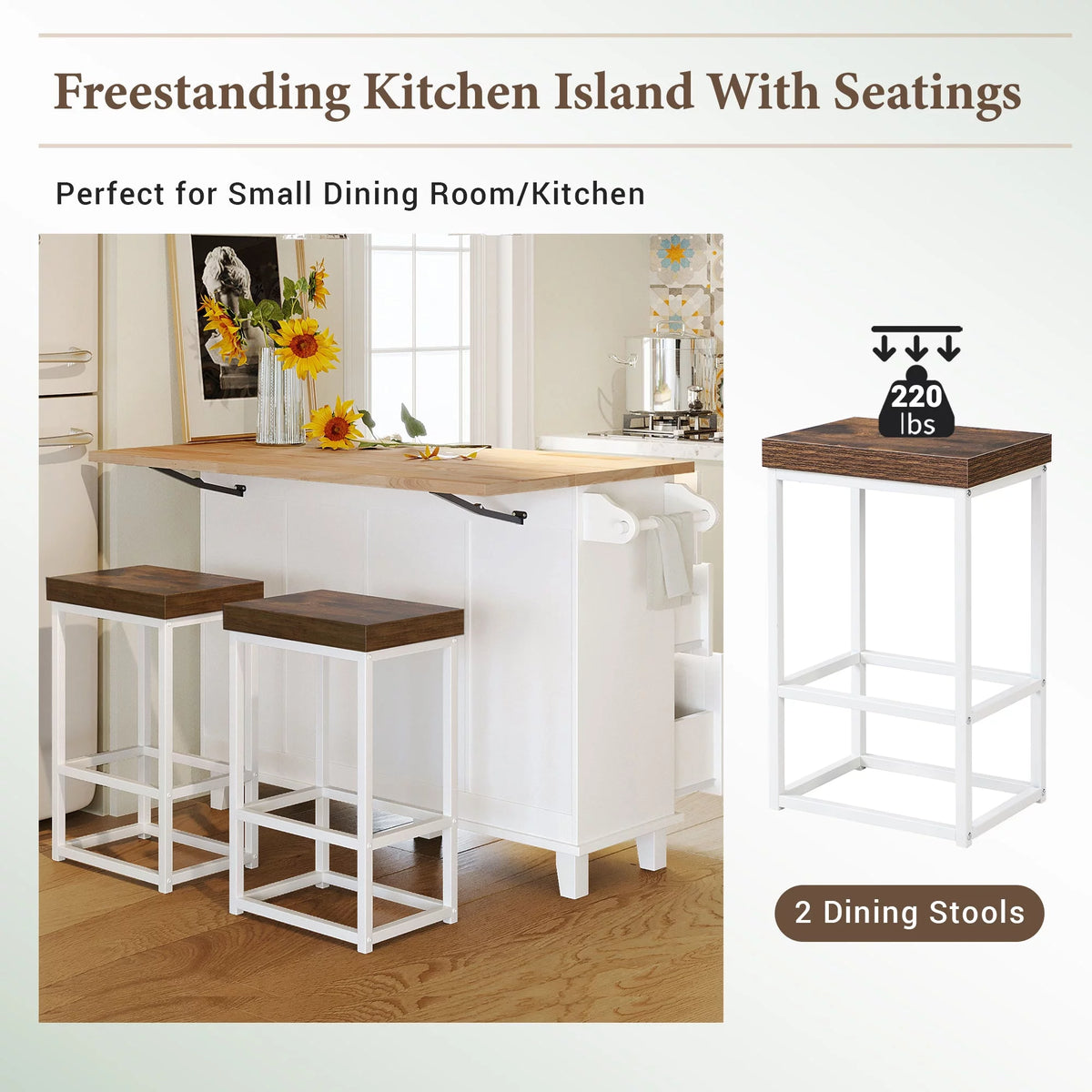 White Kitchen Island Set with 2 Seatings L483