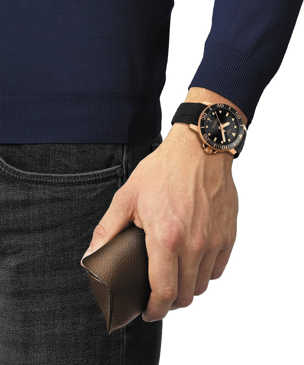 316L stainless steel case with rose gold PVD coating Automatic watch, Black, Rubber T9263