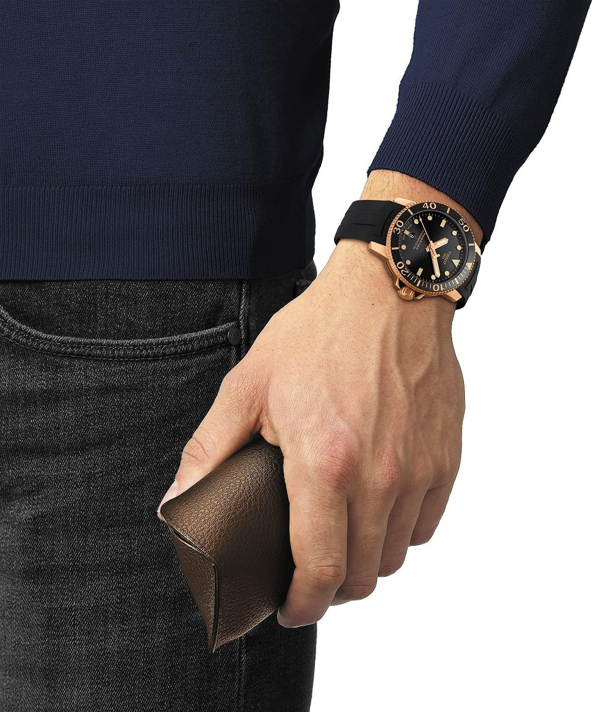 316L stainless steel case with rose gold PVD coating Automatic watch, Black, Rubber T9263
