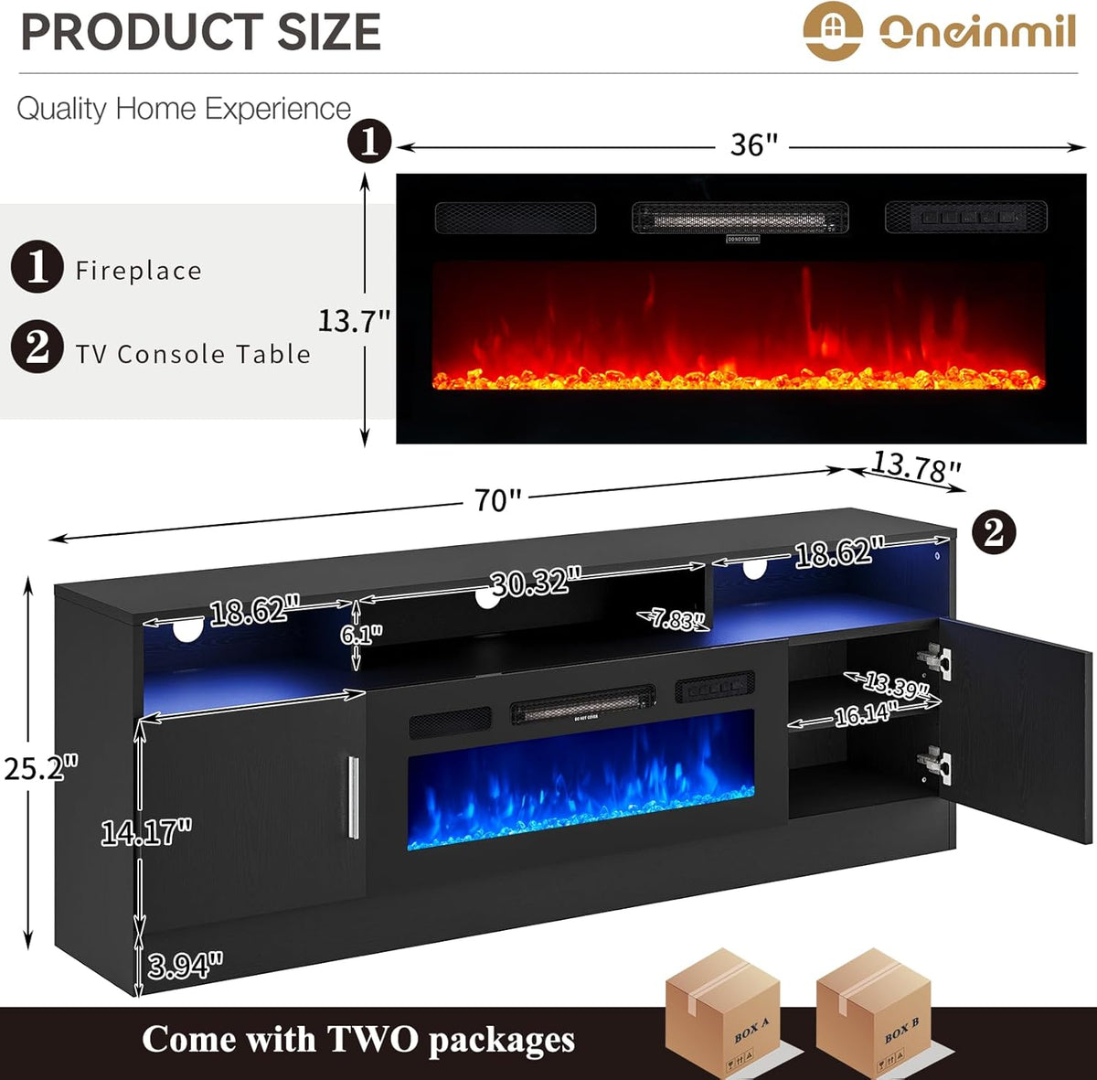 Black 70" Fireplace TV Stand with Electric Fireplace Q24210