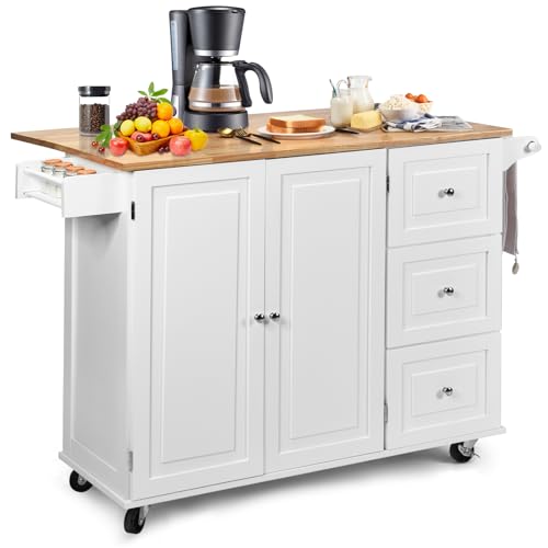 Kitchen Island with Stainless Steel Top, Rolling Kitchen Trolley Cart with Storage Cabinet, 3 Drawers, Towel & Spice Rack N549169
