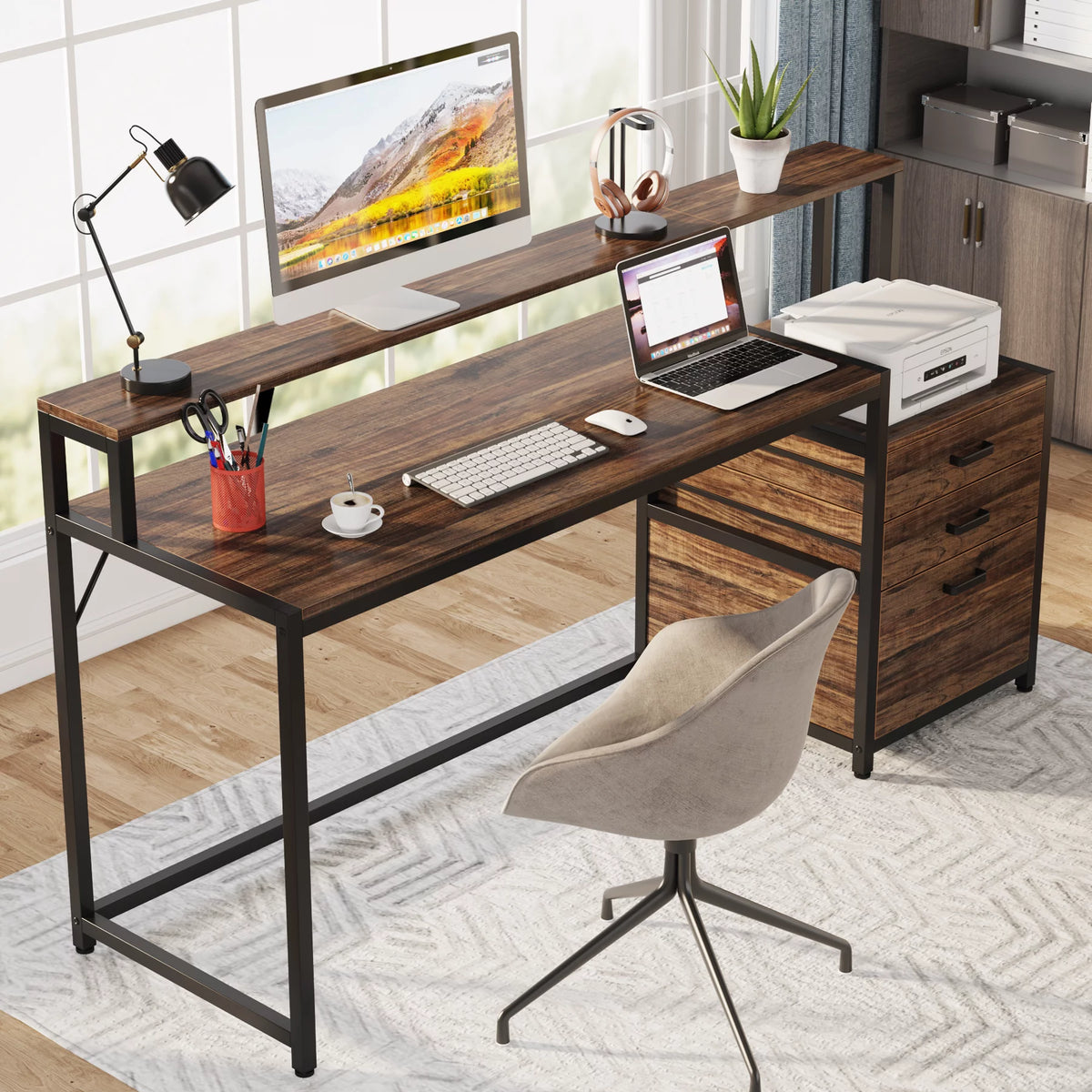 63 Inch Computer Desk with Monitor Stand and Drawers File Cabinet E519