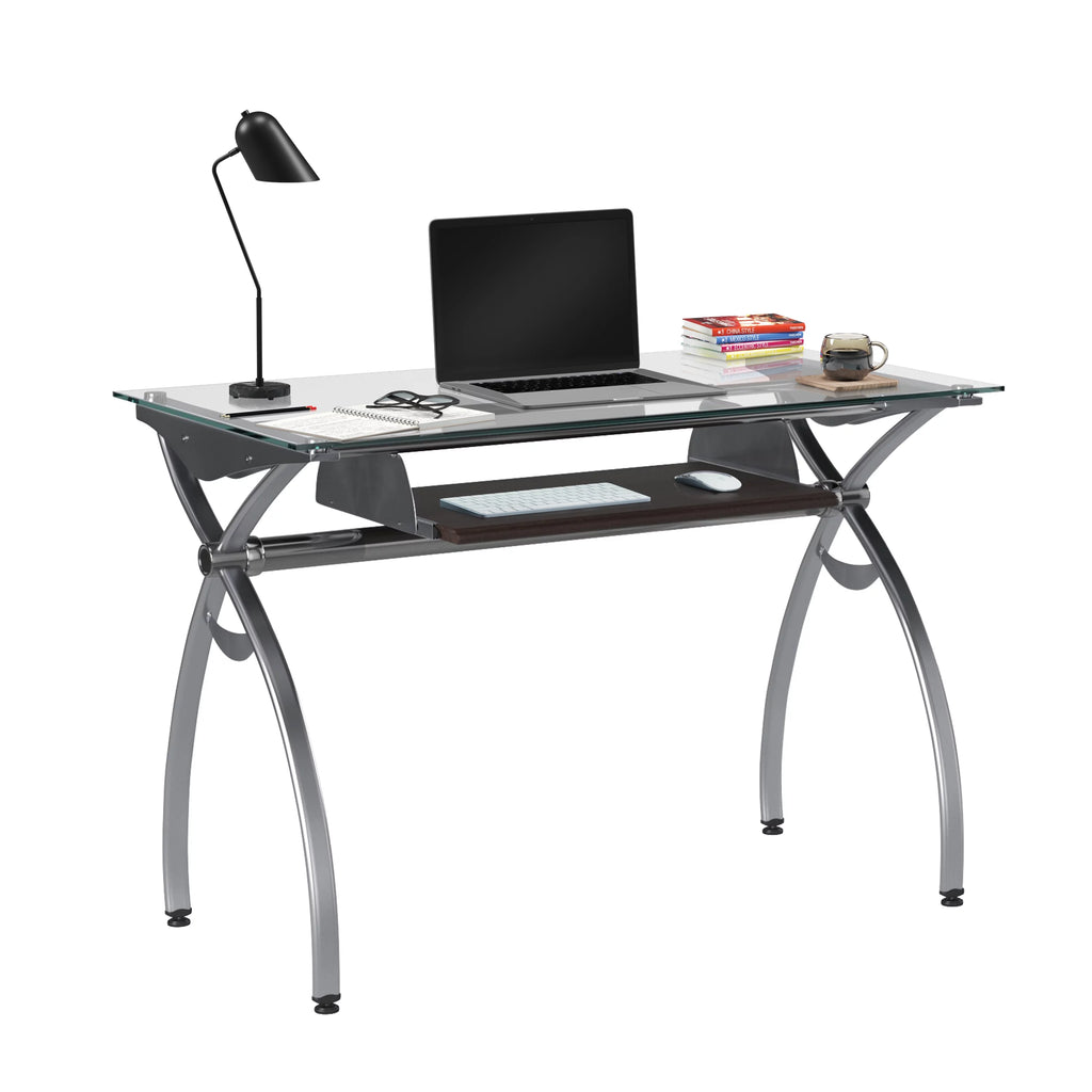 Glass Top Computer Desk with Keyboard Tray & Silver Legs O2607