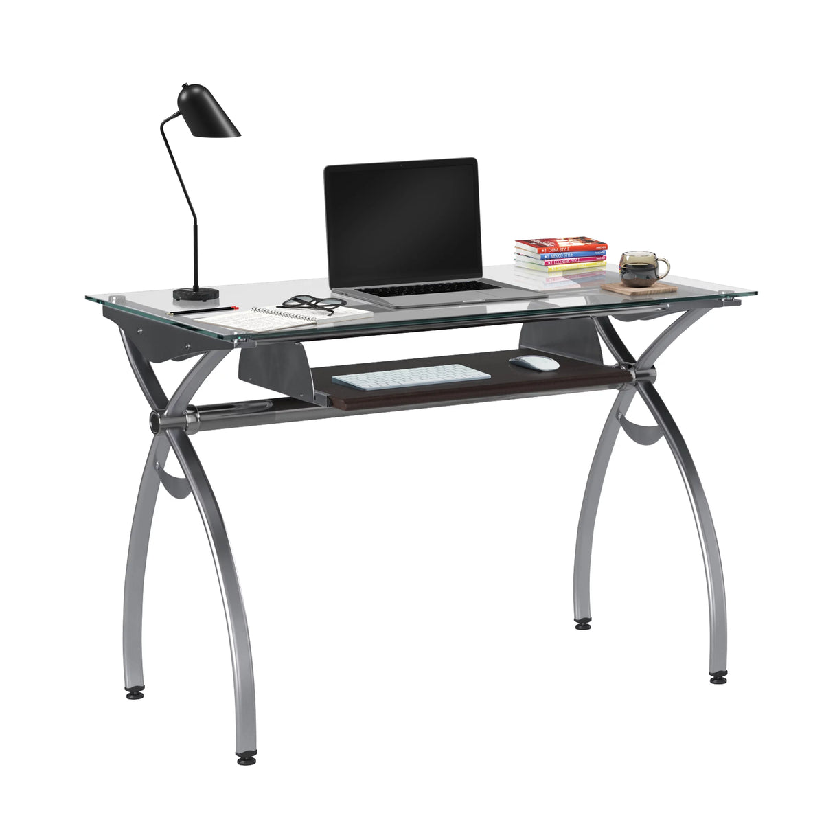 Glass Top Computer Desk with Keyboard Tray & Silver Legs O2607
