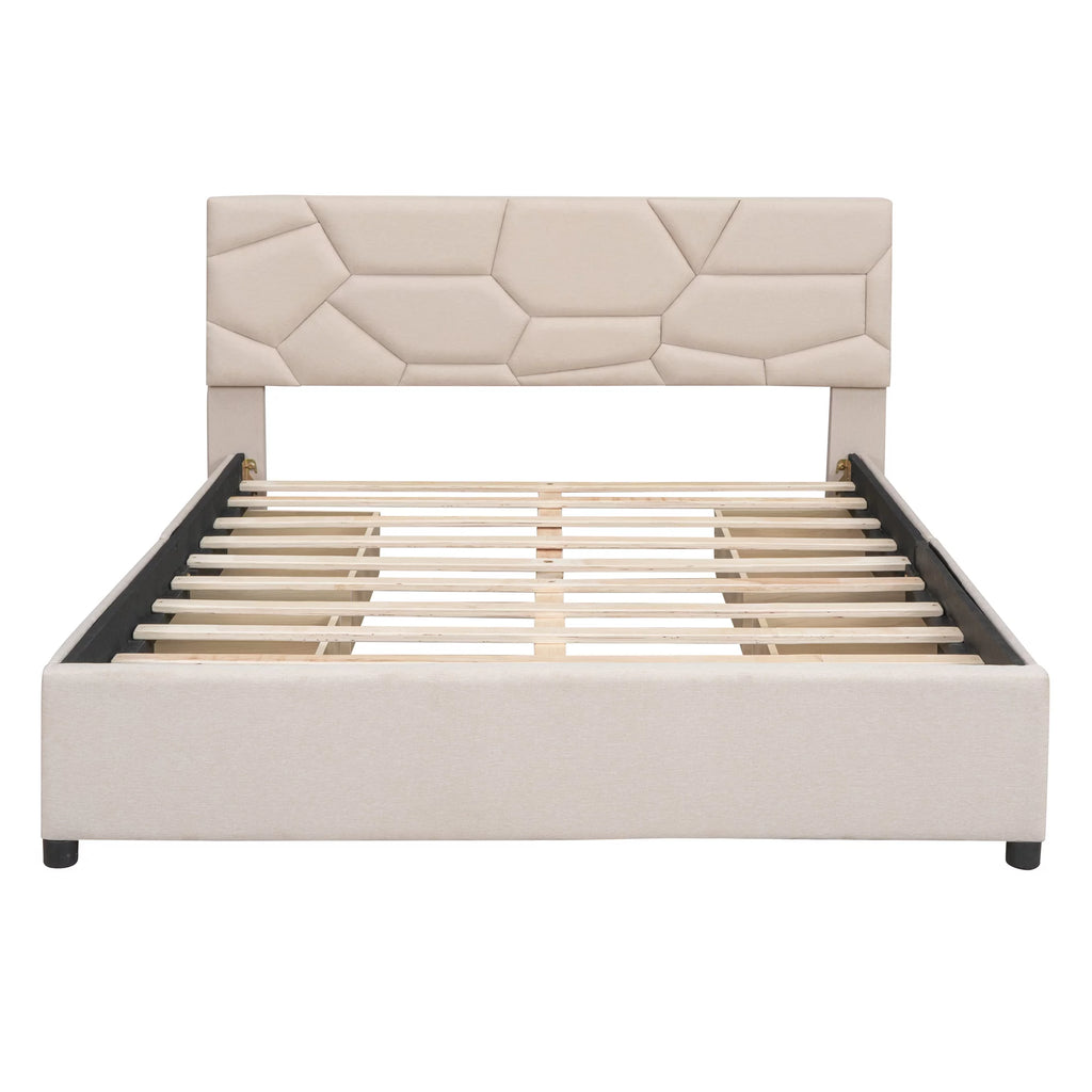 Beige Queen Linen Fabric Upholstered Storage Bed Frame with 4 Drawers C38533